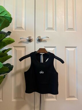ALO Yoga Black Crop Tank Top with White Logo